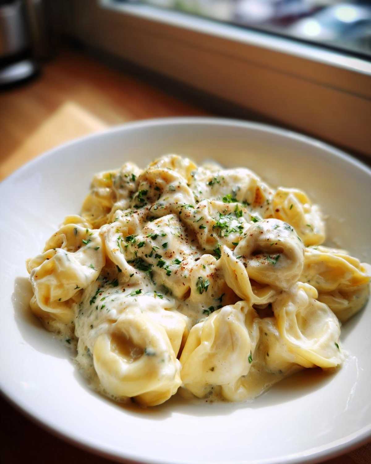 A close-up of a white bowl filled with cheesy Tortellini Alfredo Recipe, topped with fresh parsley.