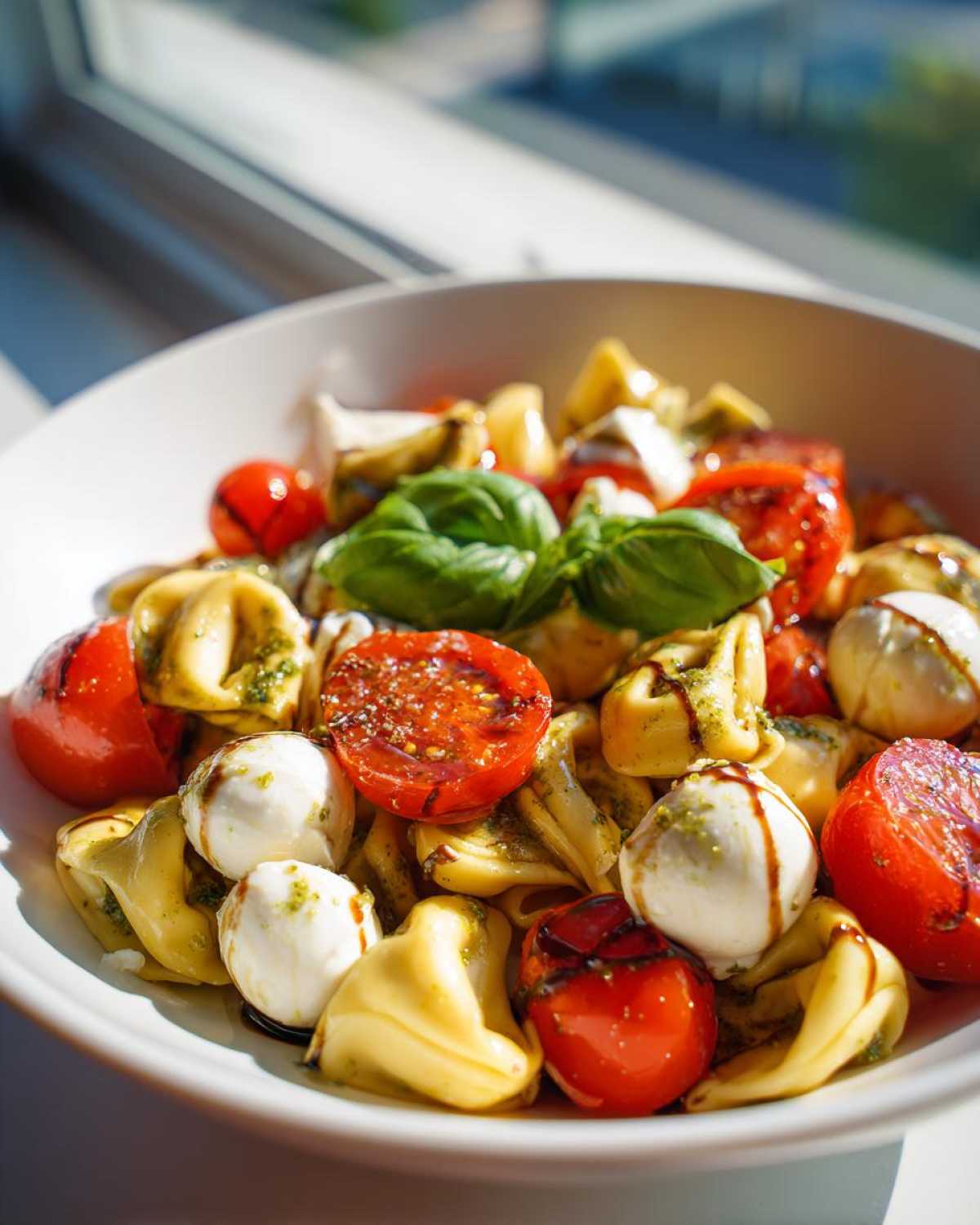 A bright, close-up view of Tortellini Caprese Salad featuring tortellini, mozzarella balls, halved cherry tomatoes, and basil.