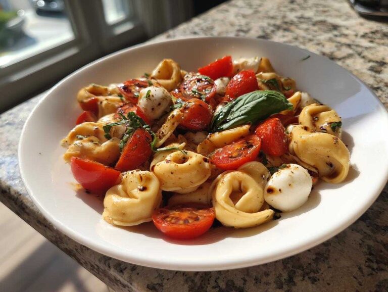 A bright white bowl filled with Tortellini Caprese Salad Recipe featuring tortellini, halved cherry tomatoes, mozzarella balls, and basil.