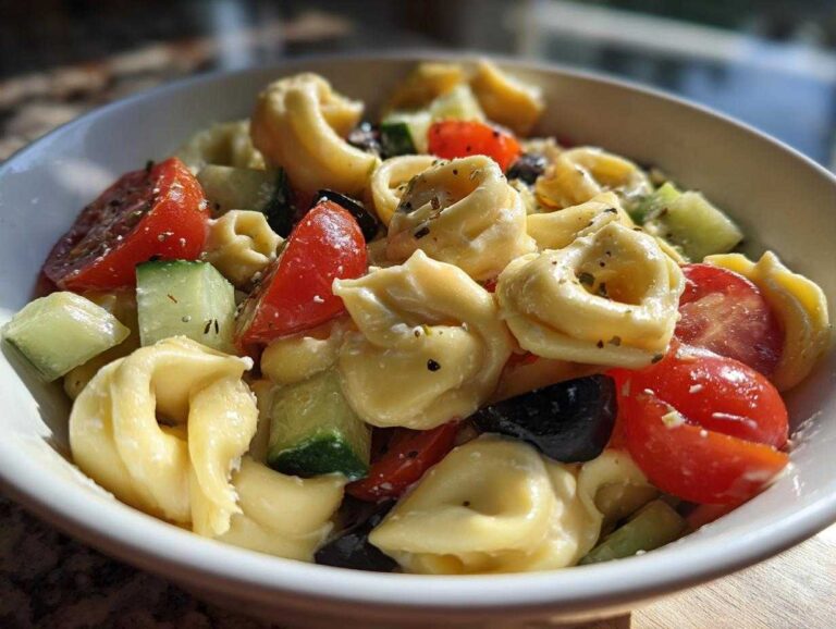 Close-up of a white bowl filled with Amazing Tortellini Pasta Salad featuring cheese tortellini, chopped tomatoes, cucumbers, and black olives.