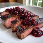Three slices of perfectly cooked Tri-Tip Steak with Savory Rhubarb Sauce piled on top.
