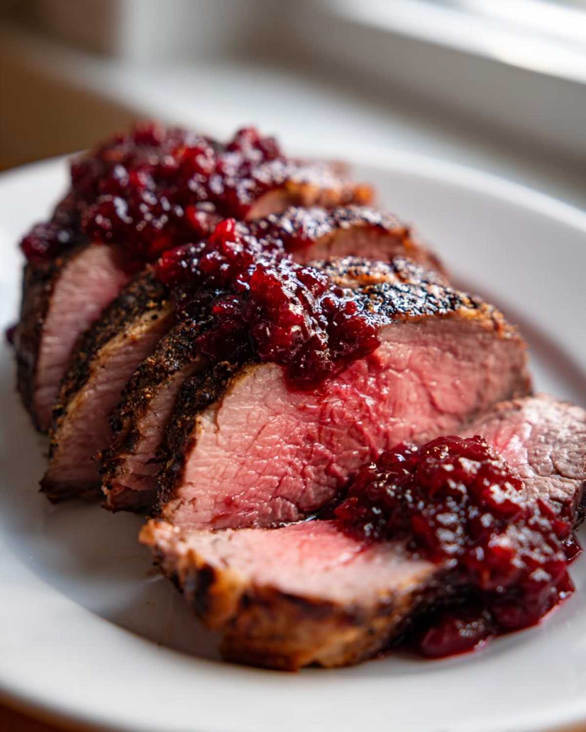 Perfectly cooked, medium-rare Tri-Tip Steak sliced and topped with a rich, dark red savory rhubarb sauce.