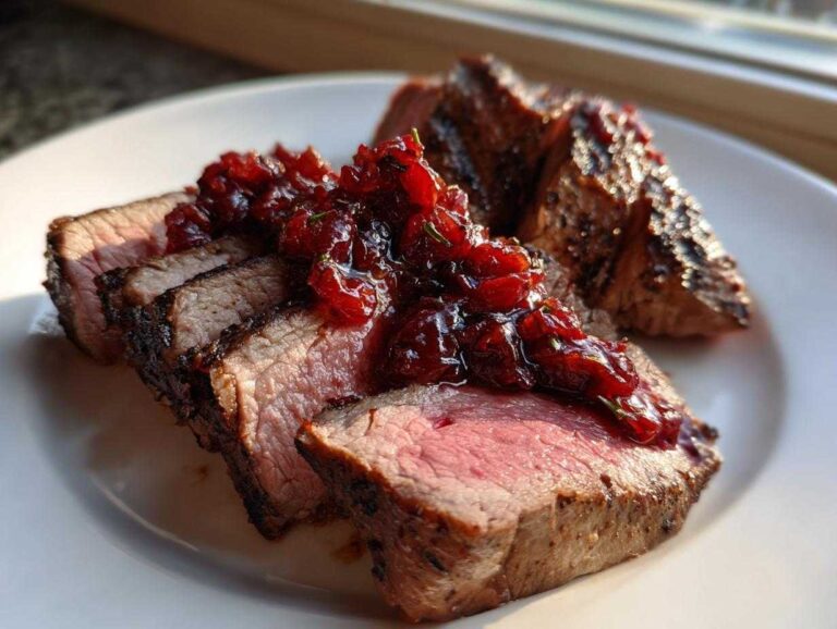 Amazing 6-Step Tri-Tip Steak with Savory Rhubarb Sauce Slices of medium-rare Tri-Tip Steak topped with a generous dollop of savory rhubarb sauce on a white plate.