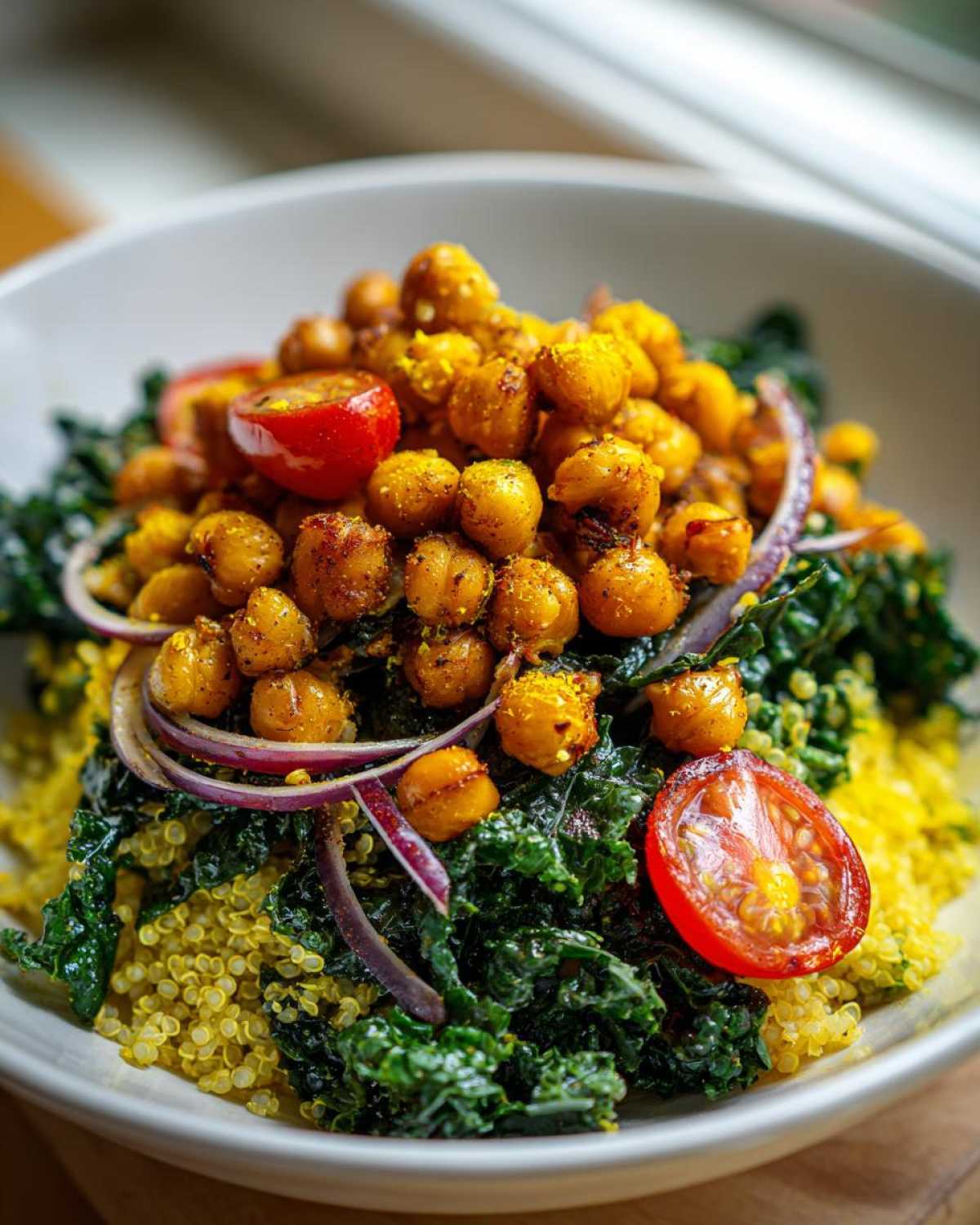 A close-up view of a healthy bowl featuring turmeric roasted chickpeas piled over dark green kale and yellow quinoa.