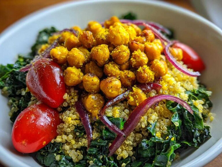 Amazing 5-Star Turmeric Roasted Chickpea & Kale Bowls Close-up of a vibrant Turmeric Roasted Chickpea & Kale Bowls featuring quinoa, bright red tomatoes, and red onion slices.