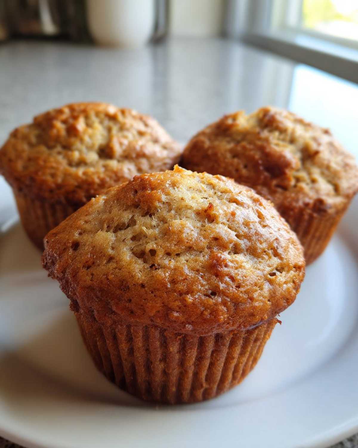Close-up of three freshly baked Vegan banana muffins with golden brown tops resting on a white plate.