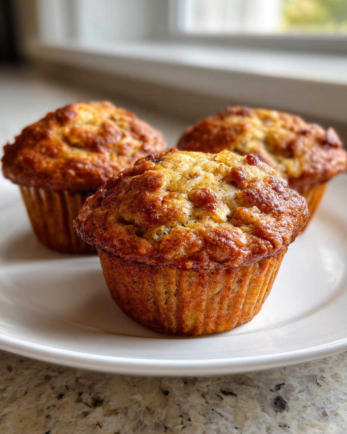 Three golden-brown Vegan banana muffins with domed tops sitting on a white plate.