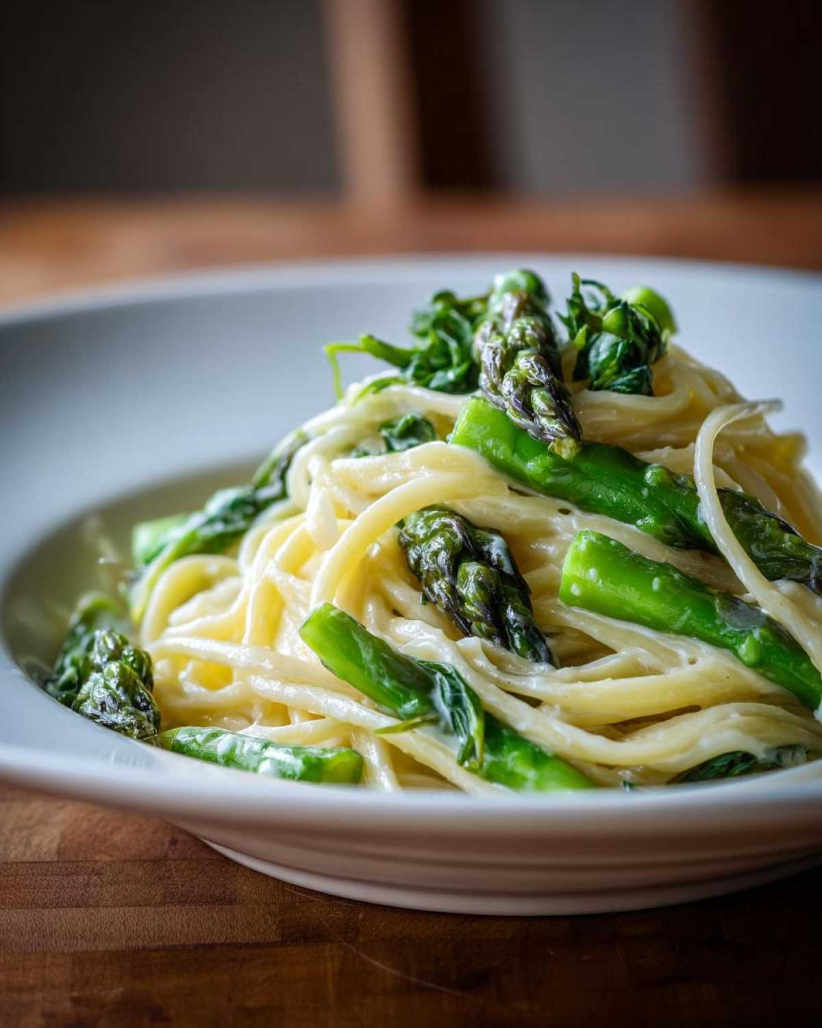 Close-up of creamy Vegan Lemon Asparagus Pasta with bright green asparagus spears and pea shoots.