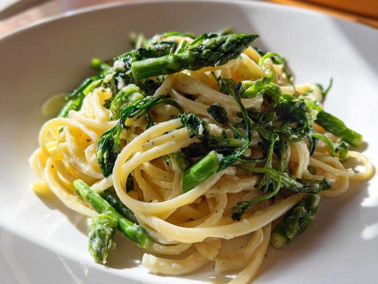 Close-up of creamy Vegan Lemon Asparagus Pasta with bright green asparagus spears and delicate pea shoots.