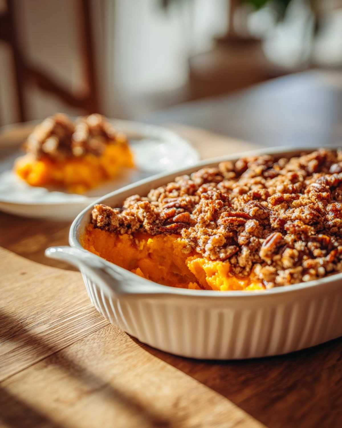 Close-up of a baked Vegan squash casserole in a white dish with a crunchy pecan topping.