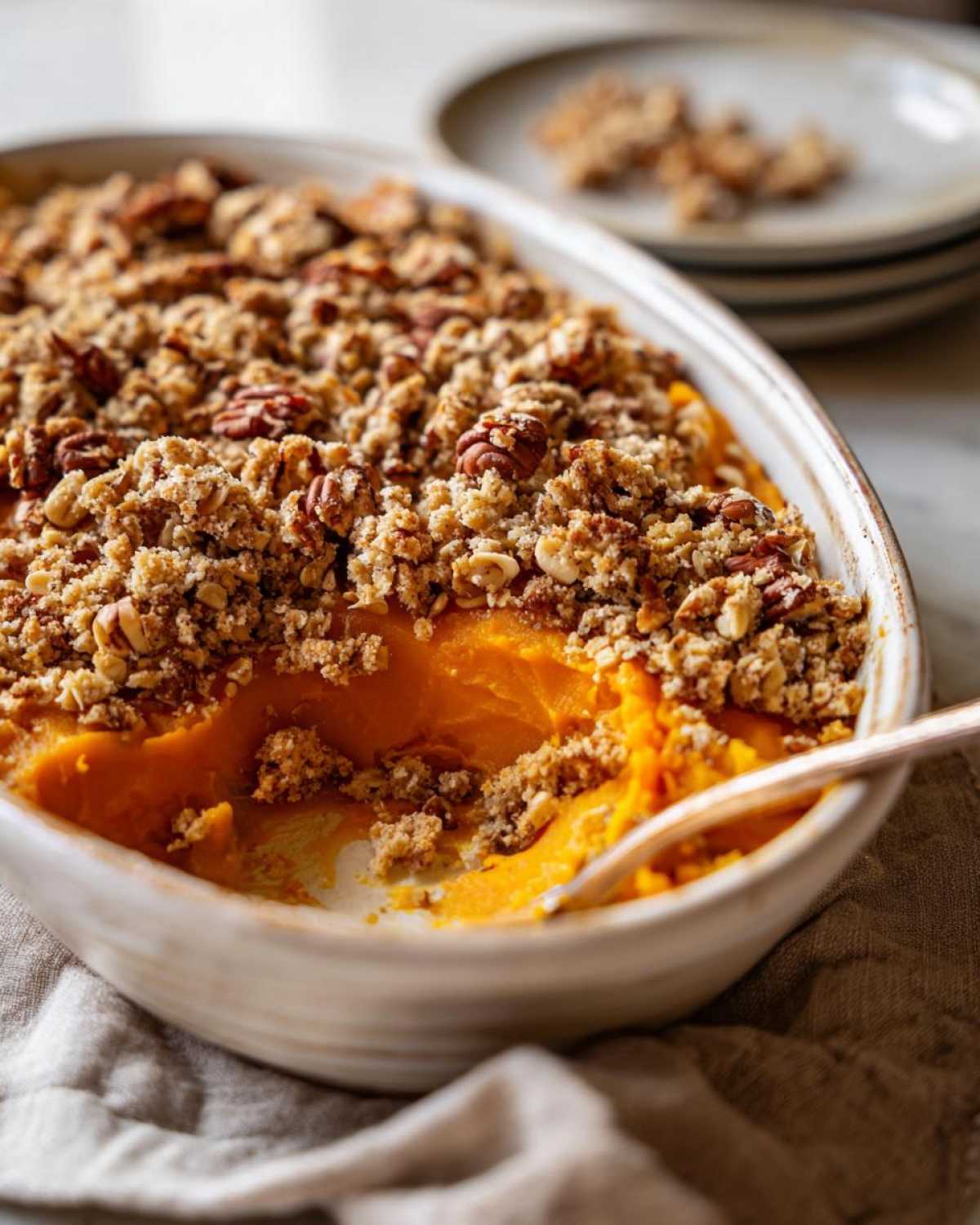 Close-up of a scoop being taken out of a creamy Vegan squash casserole topped with a crunchy pecan streusel.