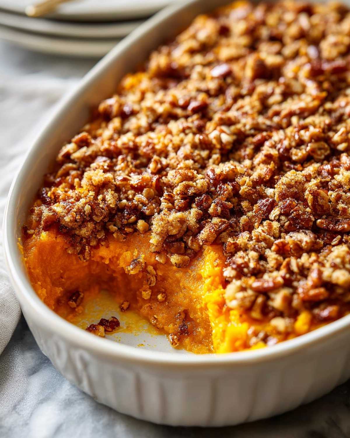 A creamy, bright orange Vegan squash casserole topped with a crunchy pecan crumble in a white baking dish.