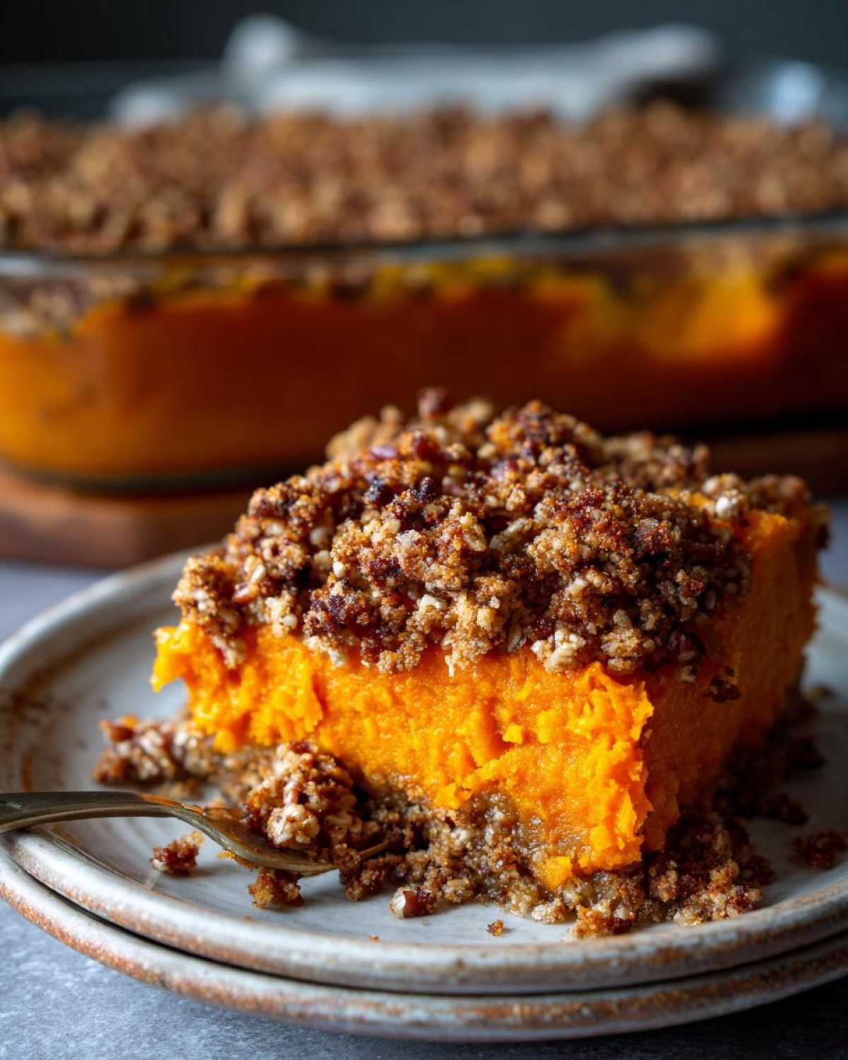 A close-up of a serving of bright orange Vegan squash casserole topped with a thick, crunchy pecan crumble.