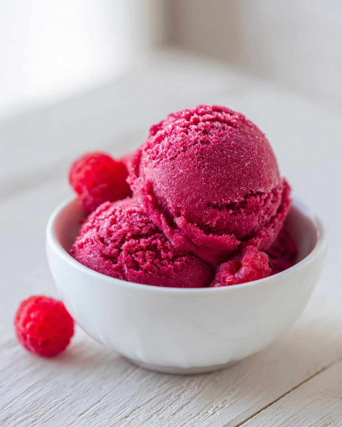 Two scoops of bright pink Raspberry Sorbet garnished with fresh raspberries in a white bowl.