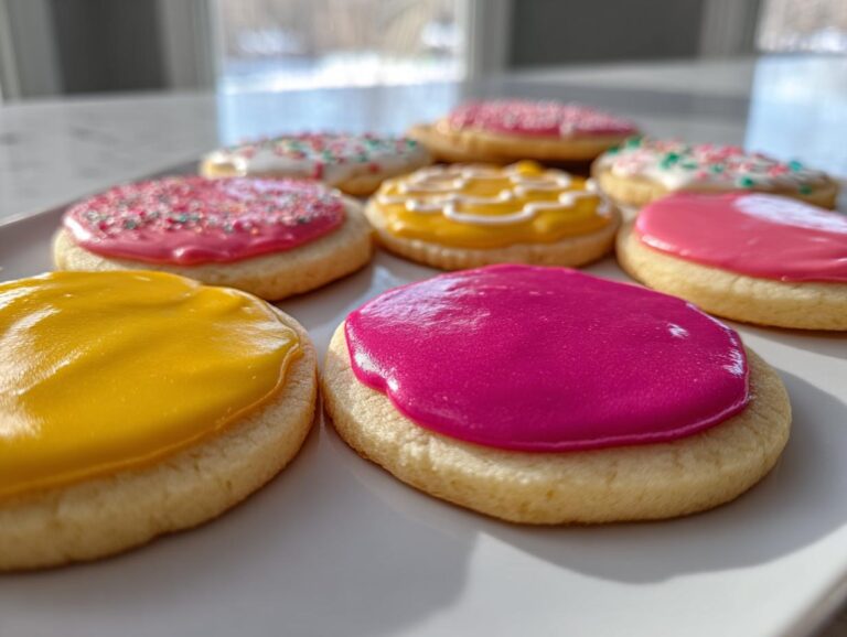 Close-up of several round sugar cookies topped with vibrant, glossy sugar cookie icing in pink, yellow, and white with sprinkles.