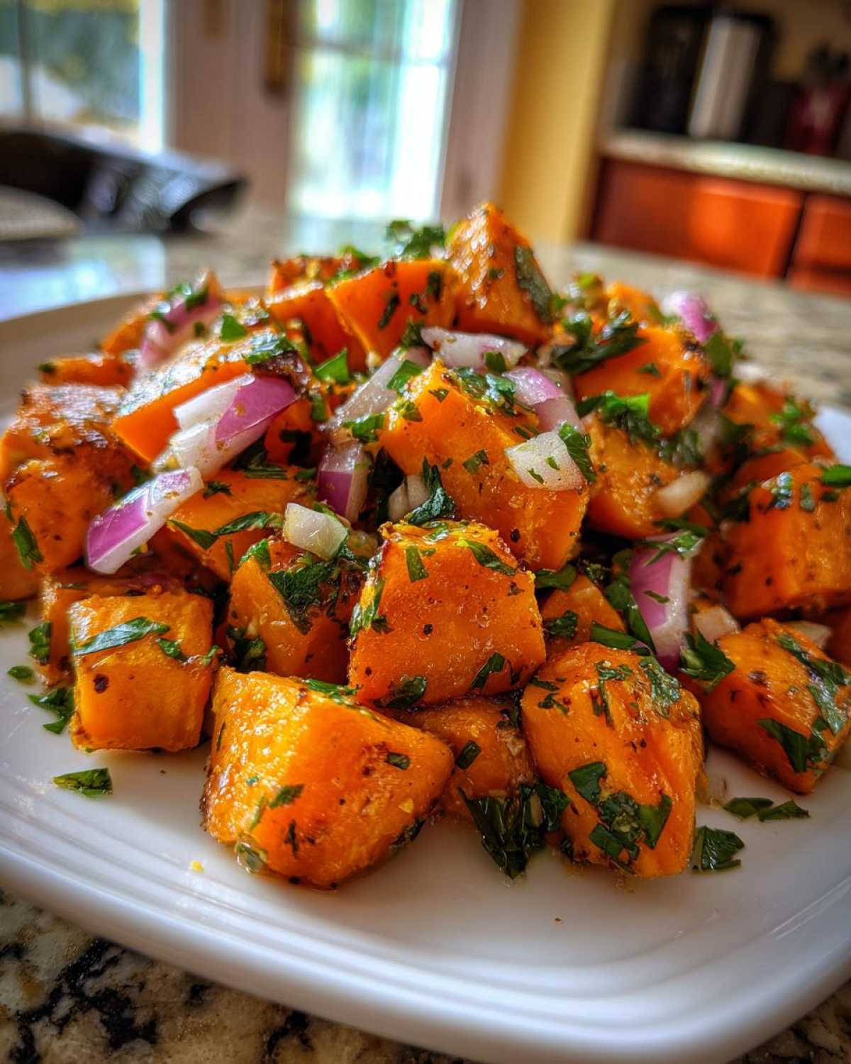 Close-up of a vibrant sweet potato salad featuring roasted orange sweet potato cubes mixed with chopped red onion and fresh parsley.