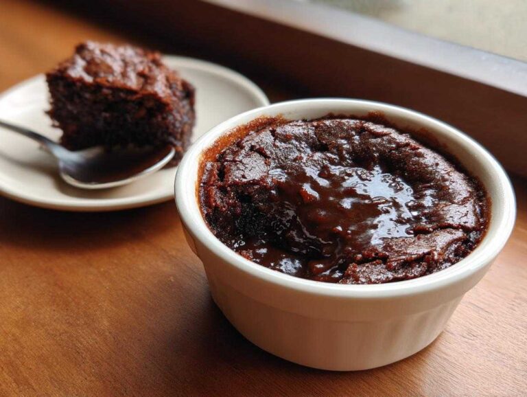 A rich, dark chocolate cobbler served warm in a white ramekin with a glossy sauce pooling on top.
