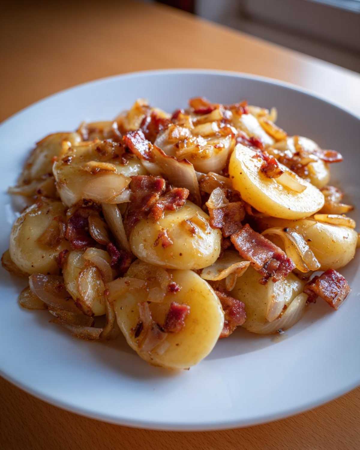 Close-up of warm german potato salad featuring sliced potatoes, caramelized onions, and crispy bacon bits on a white plate.