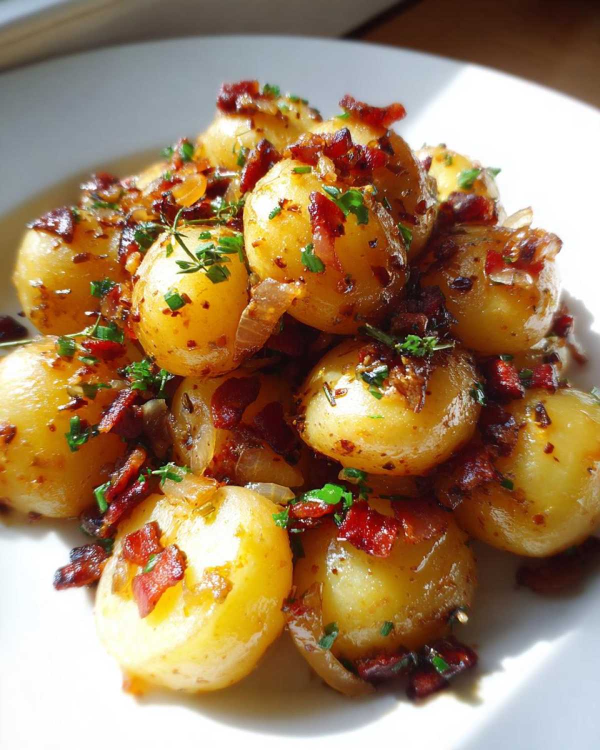 A mound of warm German potato salad featuring small, glossy potatoes tossed with crispy bacon bits and fresh parsley.