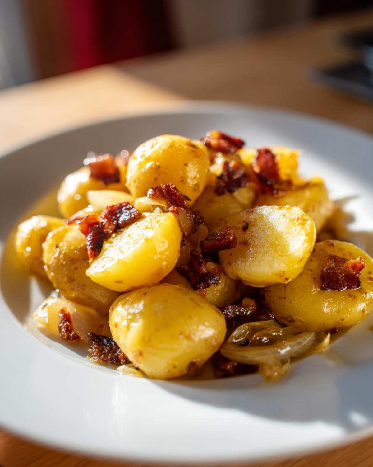 Close-up of warm german potato salad featuring boiled potatoes, crispy bacon bits, and sautéed onions on a white plate.