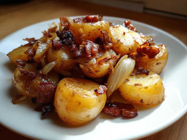 Close-up of warm German potato salad featuring golden potatoes, caramelized onions, and crispy bacon bits on a white plate.