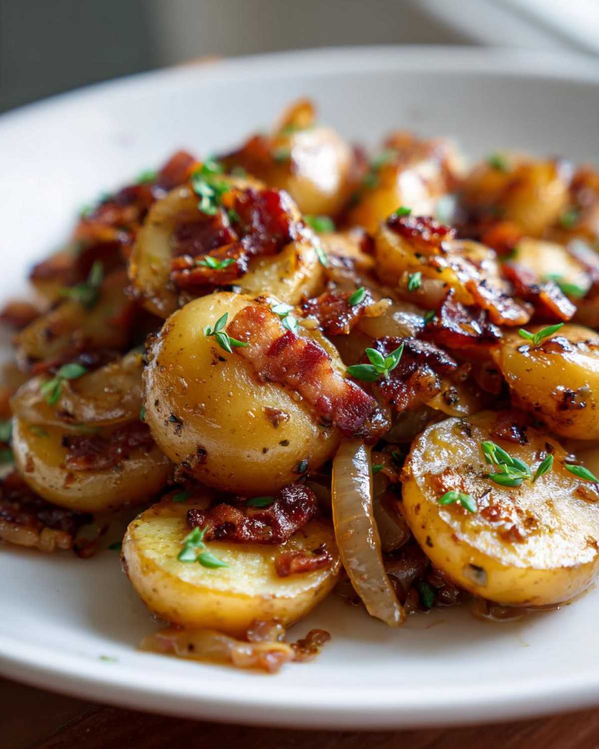 Close-up of warm German potato salad featuring sliced potatoes, crispy bacon bits, and caramelized onions, garnished with fresh herbs.
