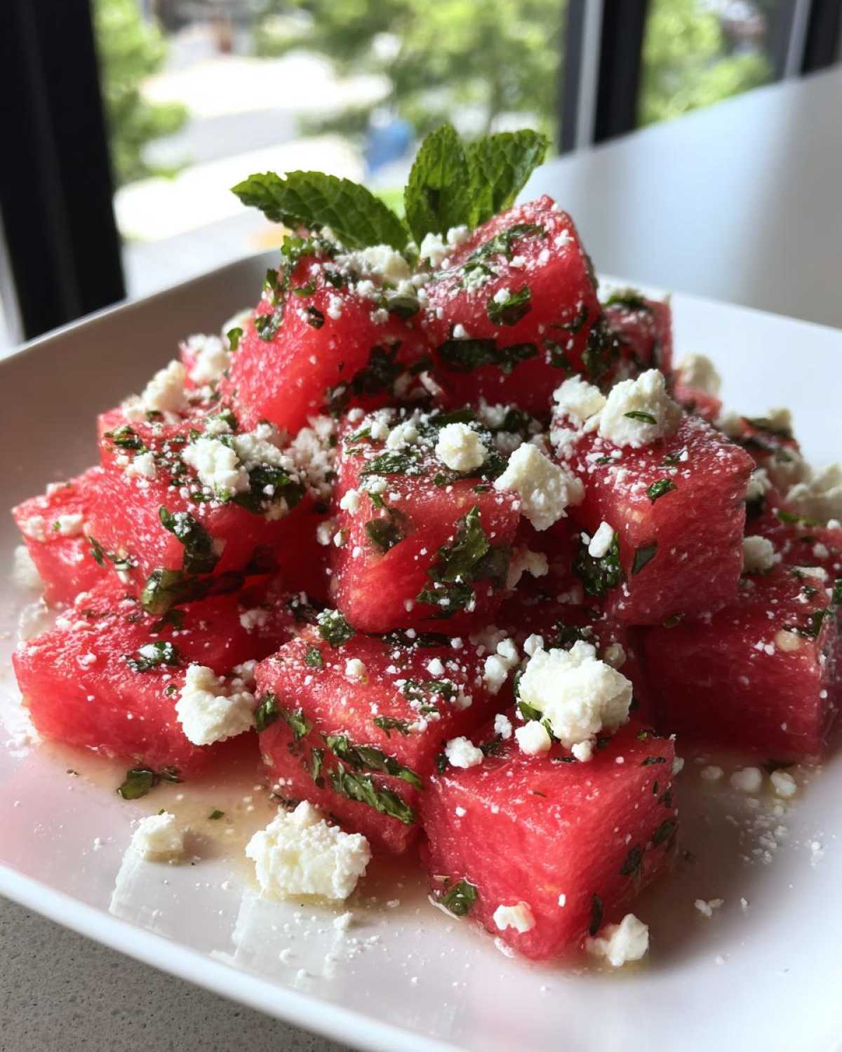 Close-up of bright red watermelon cubes topped with crumbled feta cheese and chopped mint for Watermelon Feta Salad.