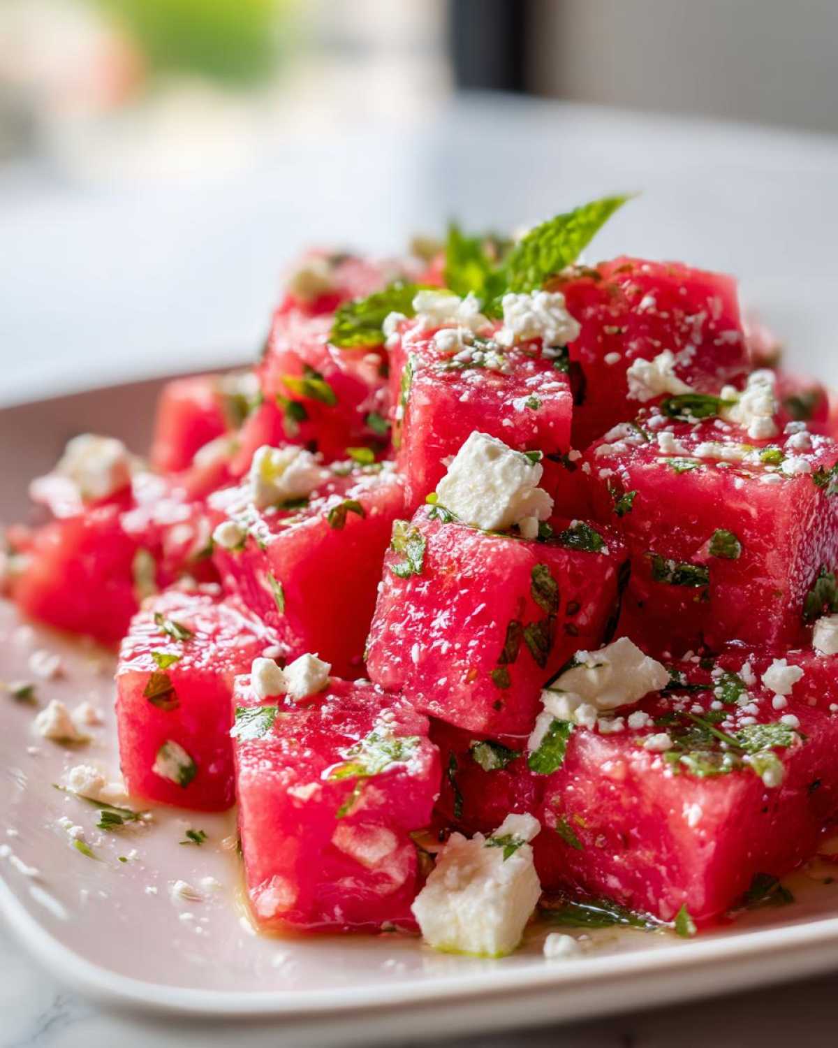 Close-up of vibrant Watermelon Feta Salad with cubes of watermelon, crumbled feta, and fresh mint.