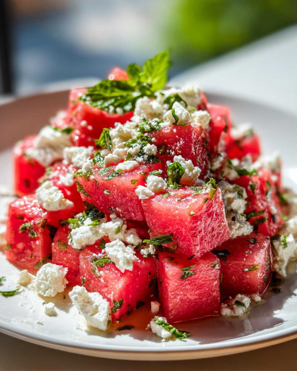 Close-up of bright red cubes in a Watermelon Feta Salad with Mint & Lime, topped with crumbled white feta cheese.
