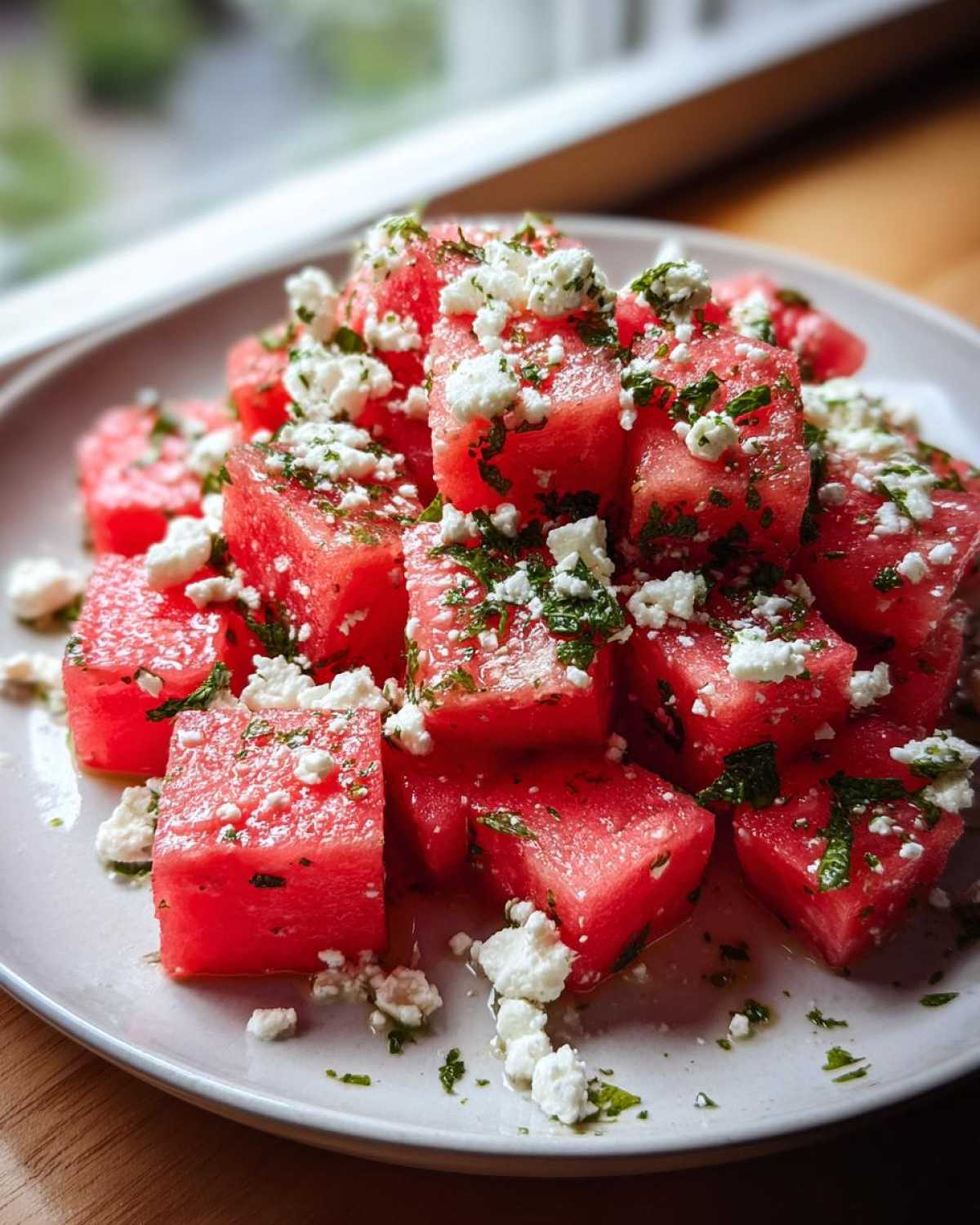 Close-up of vibrant Watermelon Feta Salad with mint and lime dressing cubes on a light plate.