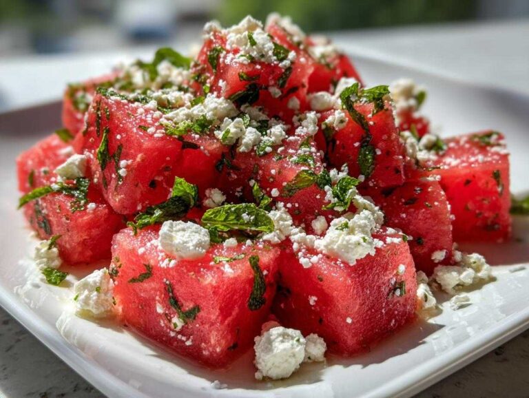 Close-up of vibrant Watermelon Feta Salad with Mint & Lime, featuring bright red cubes topped with crumbled white feta and fresh mint.