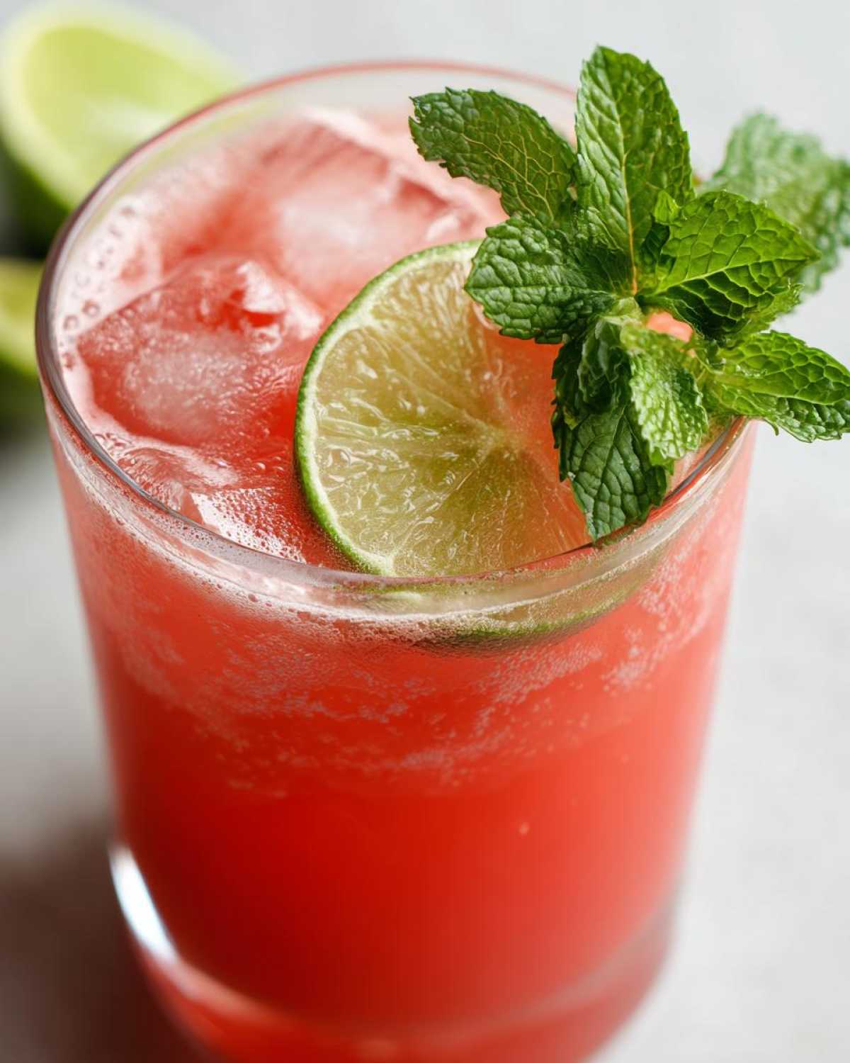 Close-up of a vibrant Watermelon Lime Refresher in a glass, garnished with a lime wheel and fresh mint.