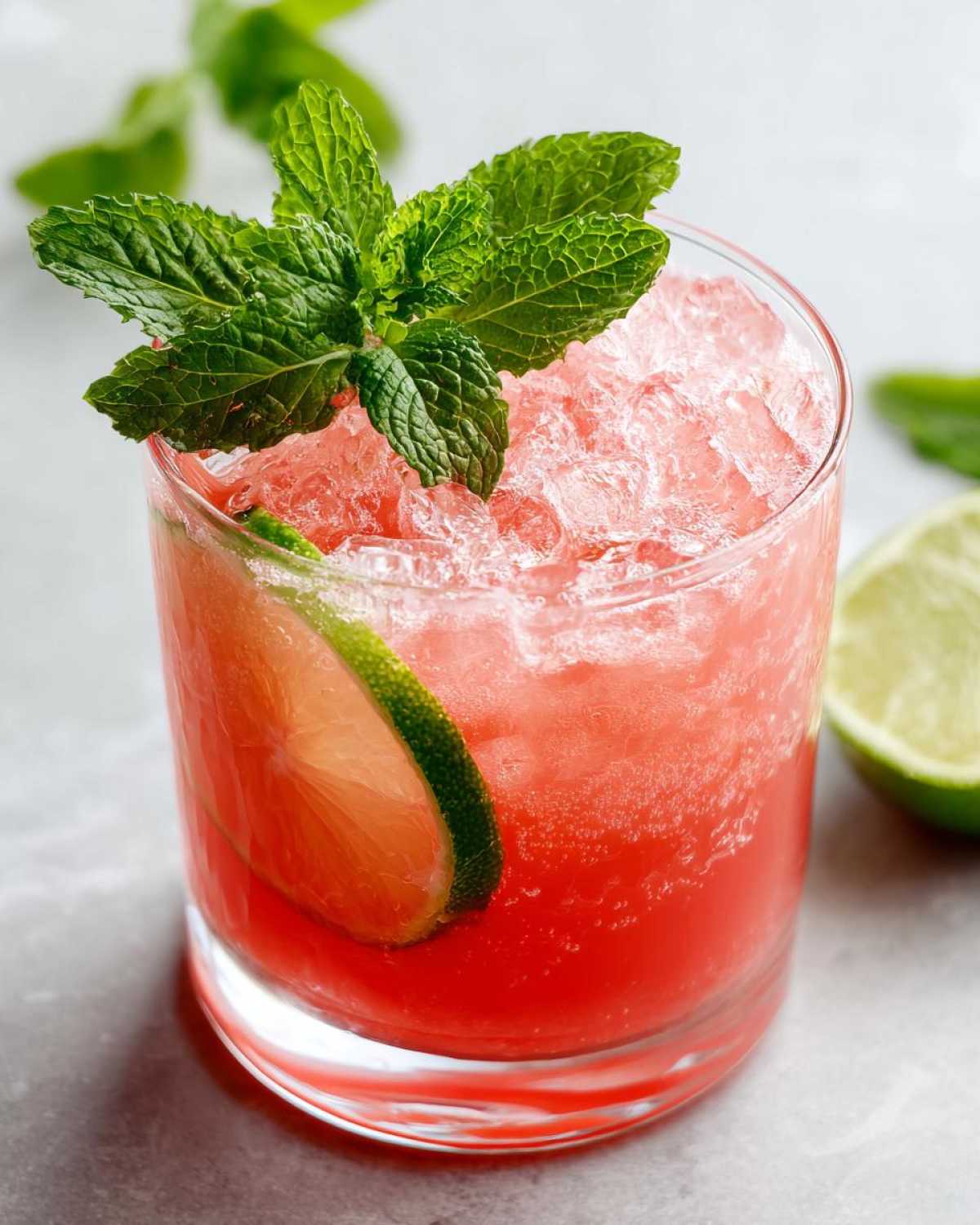 Close-up of a vibrant Watermelon Lime Refresher filled with crushed ice and garnished with fresh mint and a lime wedge.
