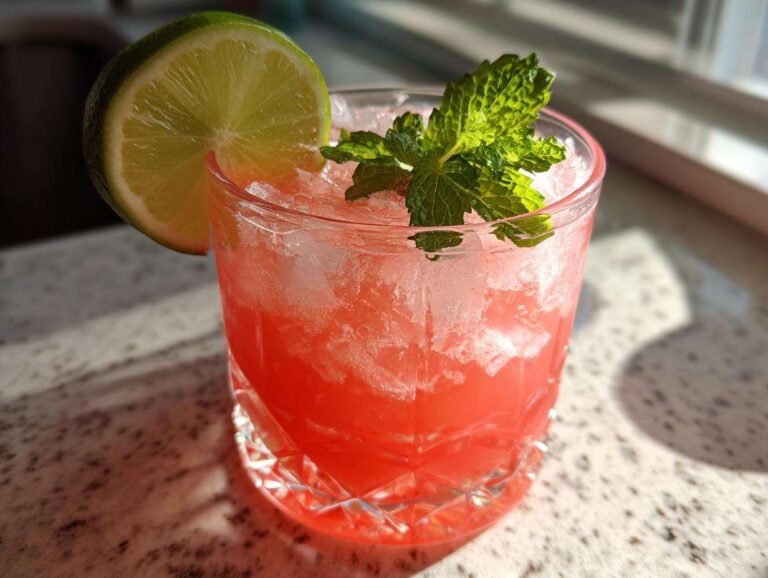 Close-up of a vibrant Watermelon Lime Refresher filled with crushed ice, garnished with a lime wheel and fresh mint.