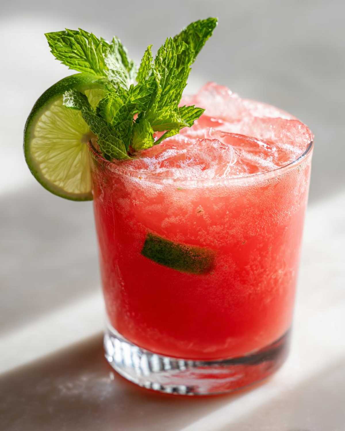 Close-up of a vibrant Watermelon Lime Refresher filled with ice, garnished with fresh mint and a lime wheel.