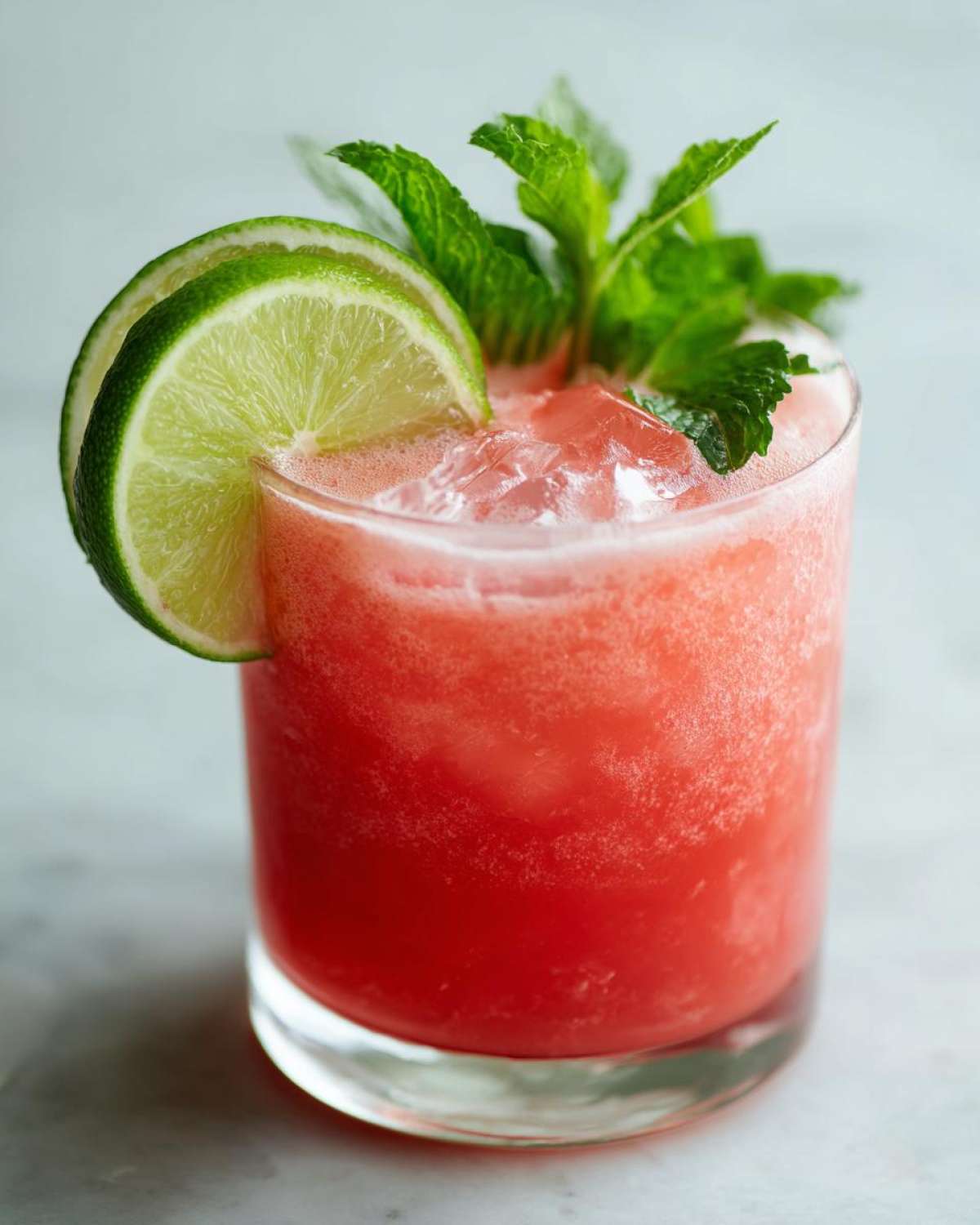 A vibrant Watermelon Lime Refresher served over ice, garnished with fresh mint and lime slices.