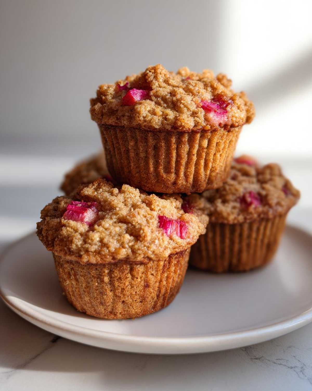 A stack of three delicious Whole Wheat Rhubarb Streusel Muffins topped with a thick, golden brown streusel topping and visible pieces of pink rhubarb.