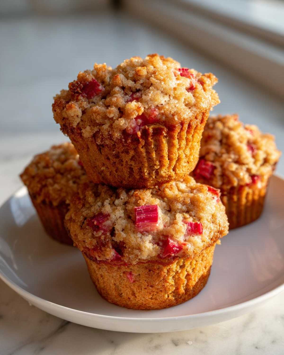 A stack of three delicious Whole Wheat Rhubarb Streusel Muffins topped with a thick, buttery streusel.