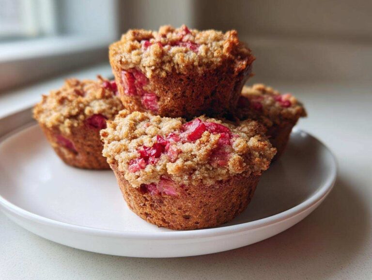 A stack of four freshly baked Whole Wheat Rhubarb Streusel Muffins topped with crunchy streusel and visible pink rhubarb pieces.
