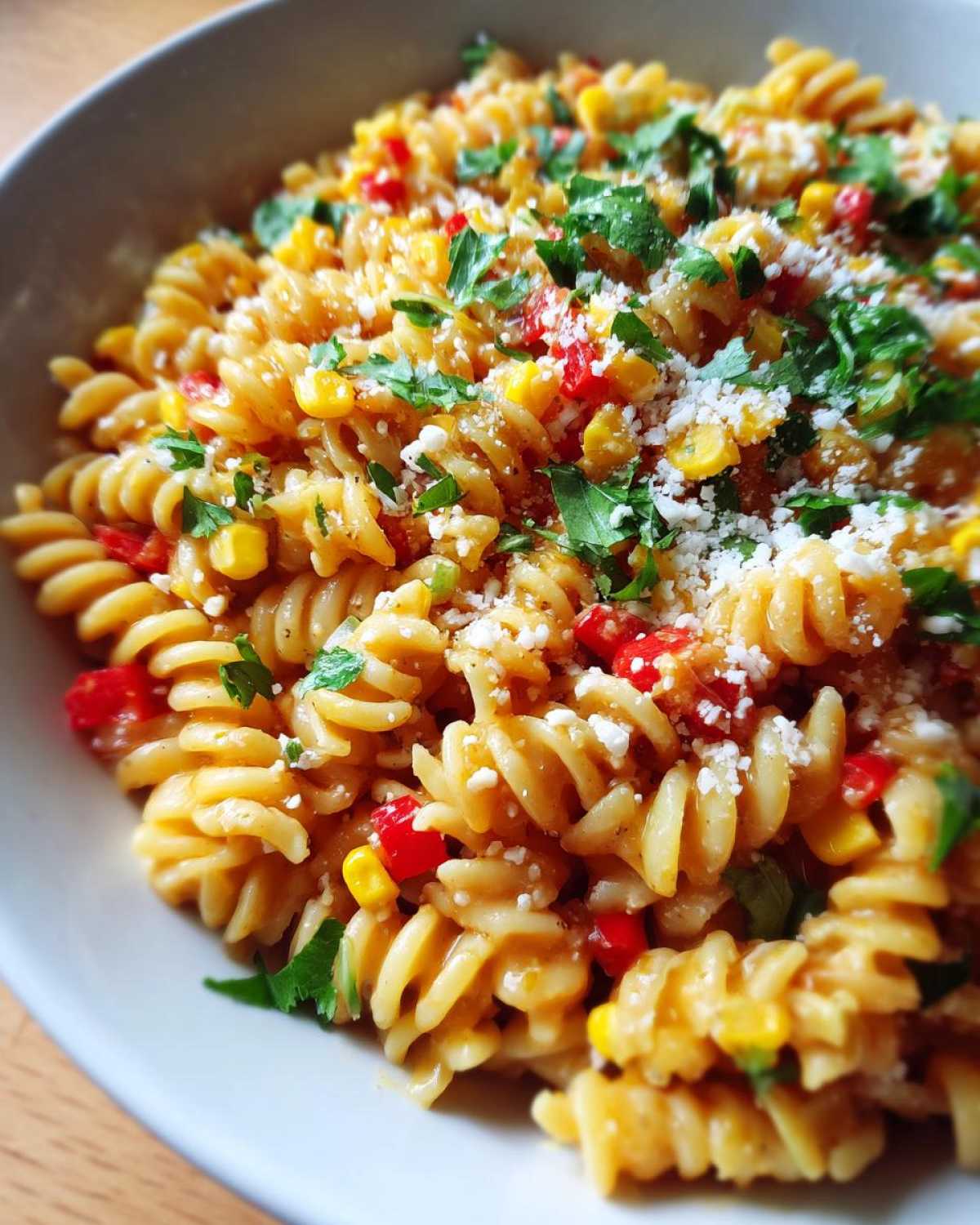 Close-up of Zesty Mexican-Inspired Corn and Pasta Delight featuring rotini pasta, corn, red peppers, and cotija cheese.