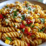 Close-up of Zesty Mexican-Inspired Corn and Pasta Delight featuring rotini pasta, corn, red peppers, and cotija cheese.