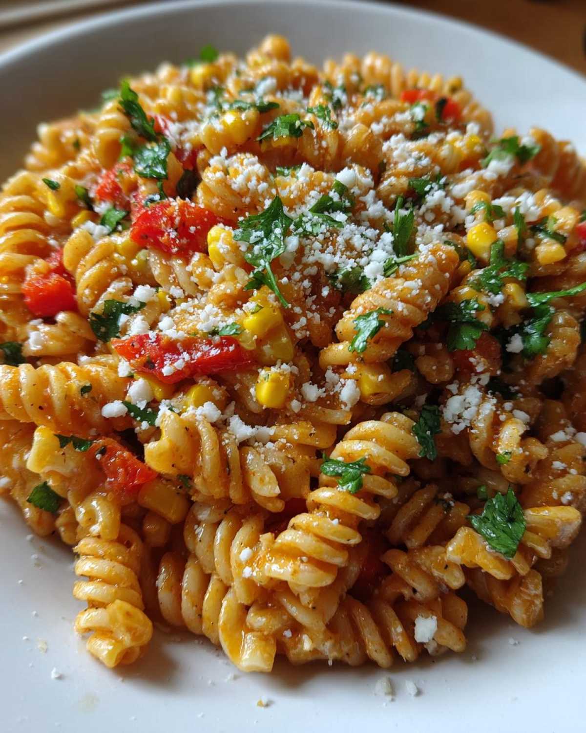 Close-up of Zesty Mexican-Inspired Corn and Pasta Delight featuring rotini pasta, corn, tomatoes, and cotija cheese.