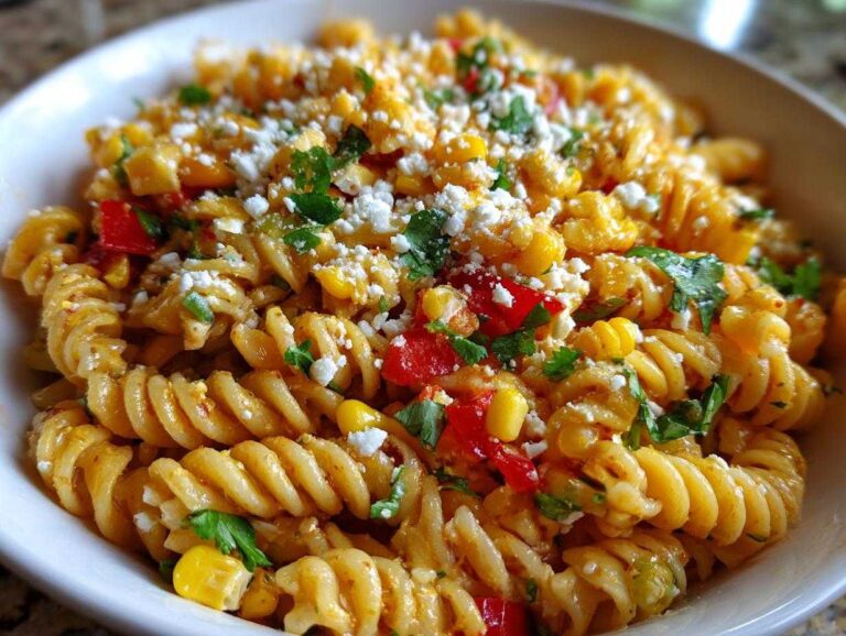 Close-up of Zesty Mexican-Inspired Corn and Pasta Delight featuring rotini pasta, corn, red peppers, and cotija cheese.