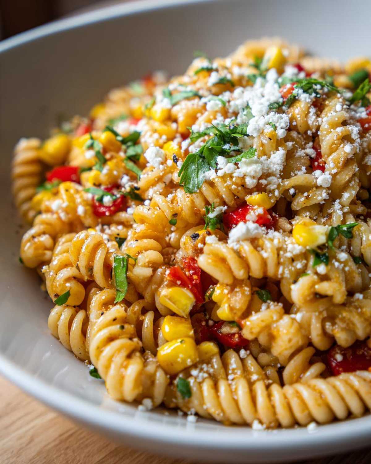 Close-up of Zesty Mexican-Inspired Corn and Pasta Delight featuring fusilli pasta, corn, red peppers, and cotija cheese.
