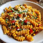 Close-up of Zesty Mexican-Inspired Corn and Pasta Delight with cotija cheese and cilantro.