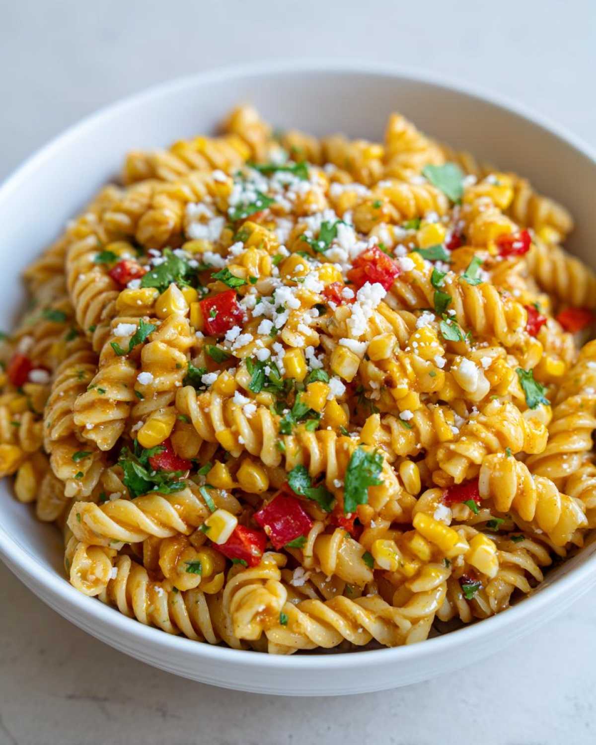 Close-up of Zesty Mexican-Inspired Corn and Pasta Delight featuring fusilli pasta, corn, red peppers, and cotija cheese.