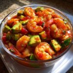 Close-up of zesty shrimp cocktail in a glass bowl, featuring plump shrimp mixed with diced avocado and red sauce.