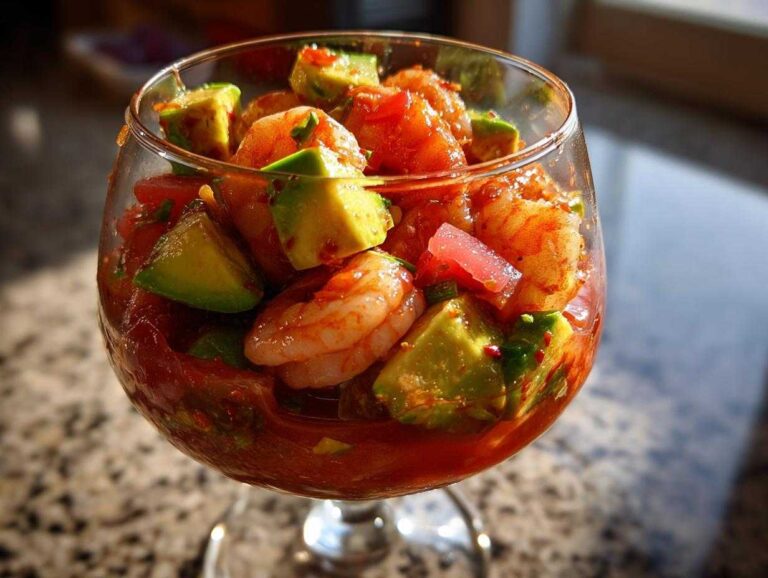 Close-up of a zesty shrimp cocktail featuring plump shrimp and chunks of avocado in a rich tomato-based sauce, served in a stemmed glass.
