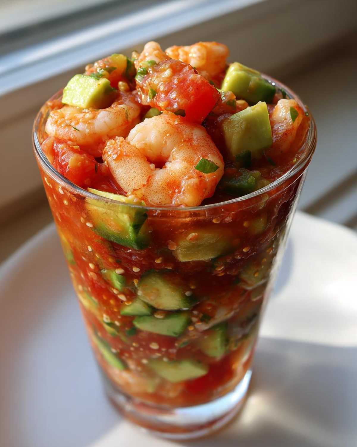 Close-up of a zesty shrimp cocktail served in a tall glass, featuring plump shrimp, diced avocado, and tomato sauce.