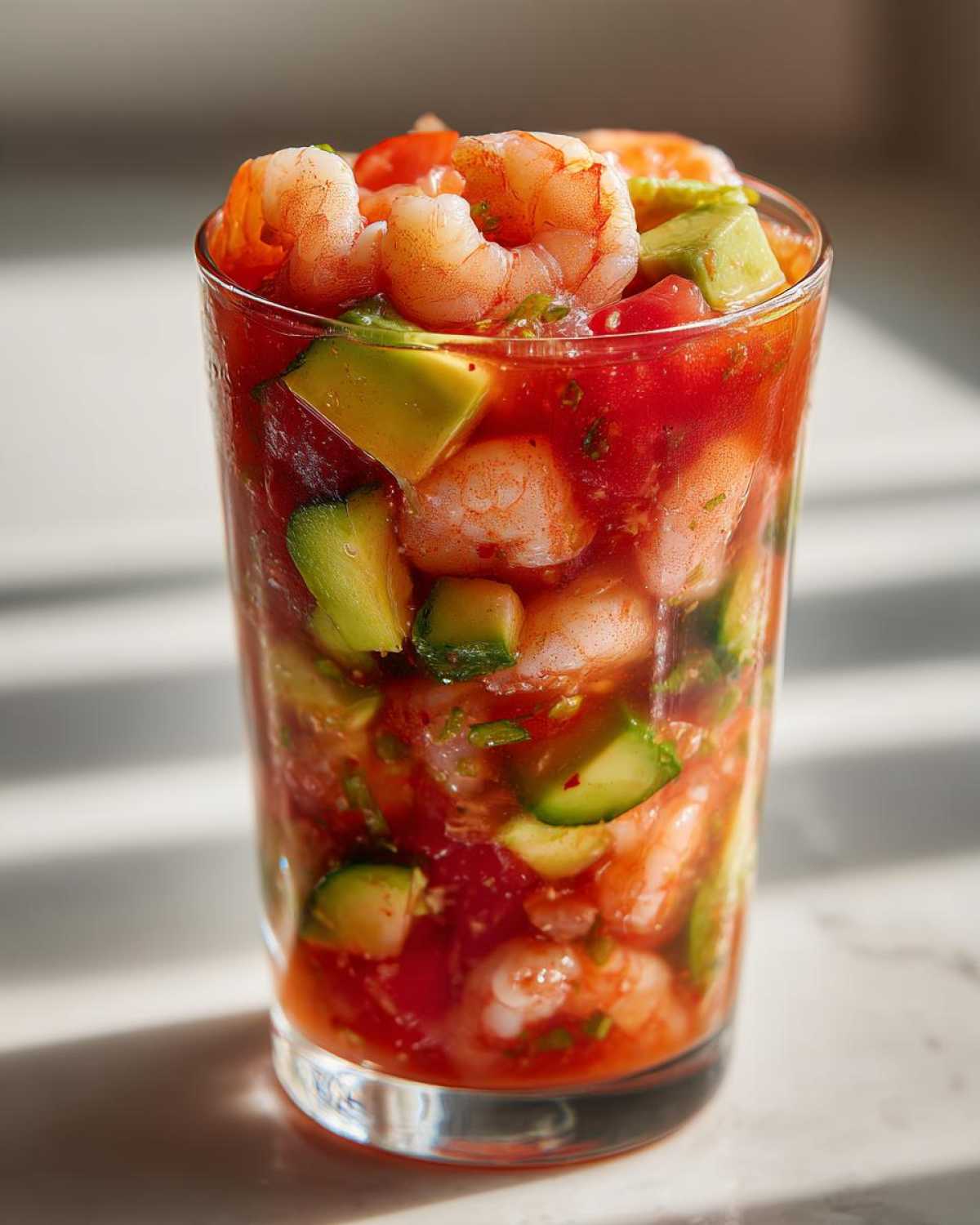 Close-up of a vibrant shrimp cocktail served in a tall glass, featuring plump shrimp and chunks of green avocado in a red, zesty sauce.